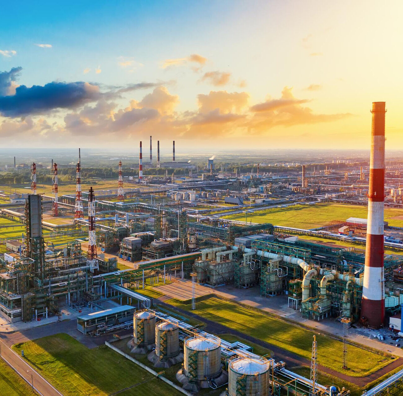 aerial drone view petrol industrial zone oil refinery yaroslavl russia during sunset time aerial drone view petrol industrial zone oil refinery yaroslavl russia during sunset time